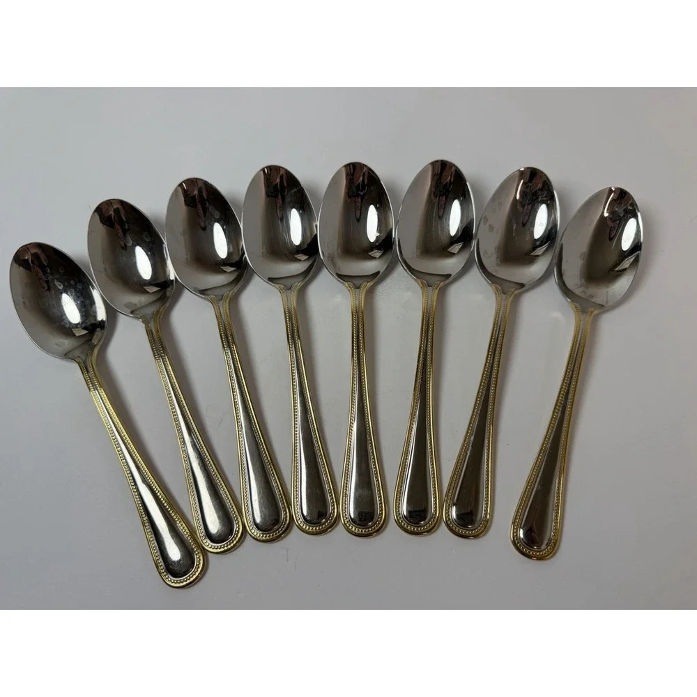 Set of 8 Wallace Gold Royal Bead Stainless Place Oval Soup Spoons 7 1/4